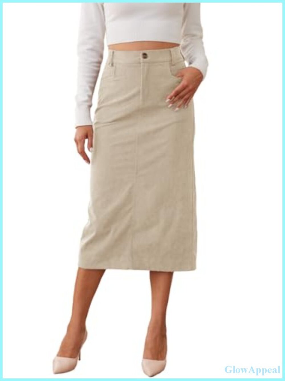 Corduroy Midi Pencil Skirt High Waisted Back Slit Winter Skirt with Pockets